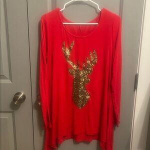 White Fox Boutique Red Long Sleeve Top with Gold Deer Design